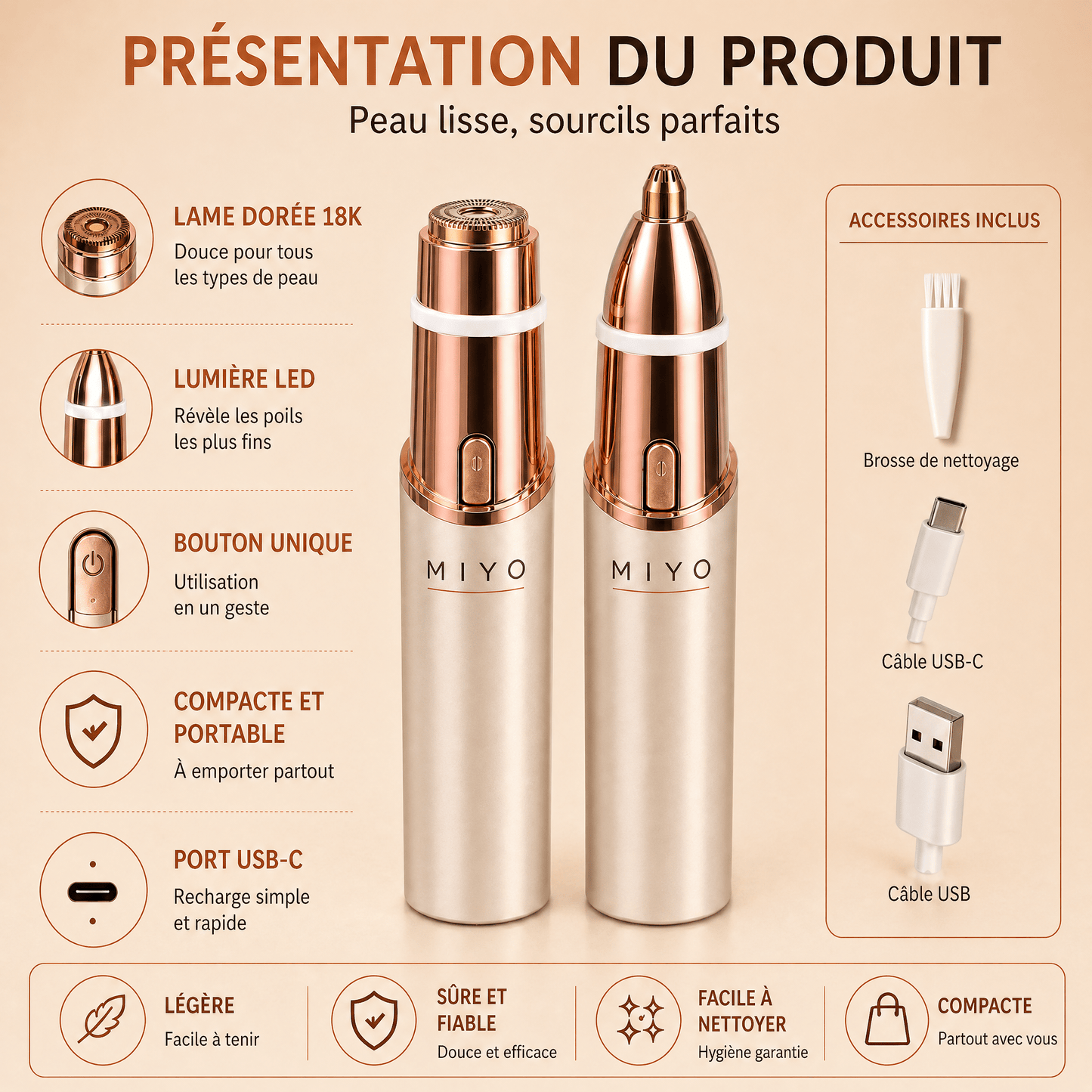 MIYO tondeuse visage - design compact blanc et rose gold